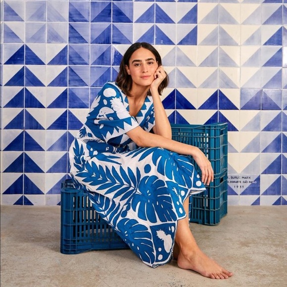 farm rio blue patchwork embroidered dress FARM Rio Embroidered Tapestry Blue Mini Dress main image 0